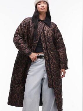 Topshop leopard Oversized long nylon coat w/corduroy collar Sz L (12)NWT